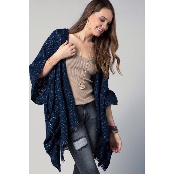 Carissa Navy Metallic Tweed Ruffle Kimono Top - Picture 4 of 7